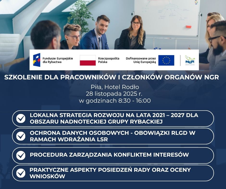 Plakat szkolenia NGR z datą 28.11.2025 w Pile, lista tematów i logotypy funduszy UE oraz zdjęcie spotkania.