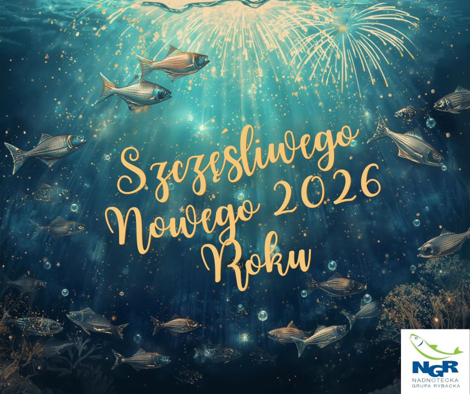 Podwodna scena z rybami, fajerwerkami i napisem „Szczęśliwego Nowego 2026 Roku”.