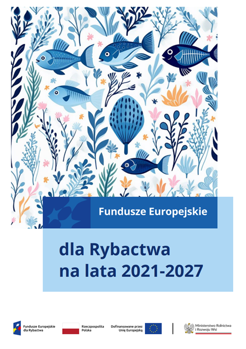 Ilustracja z rybami i roślinami wodnymi, napis o funduszach UE dla rybactwa