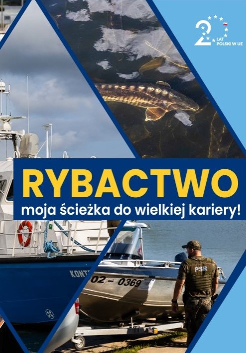 Grafika z rybą pod wodą, statkiem rybackim i osobą przy łodziach, napis o karierze w rybactwie