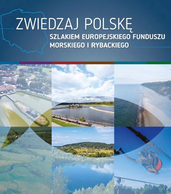 Mapa Polski i sześć zdjęć krajobrazów wodnych oraz atrakcji turystycznych