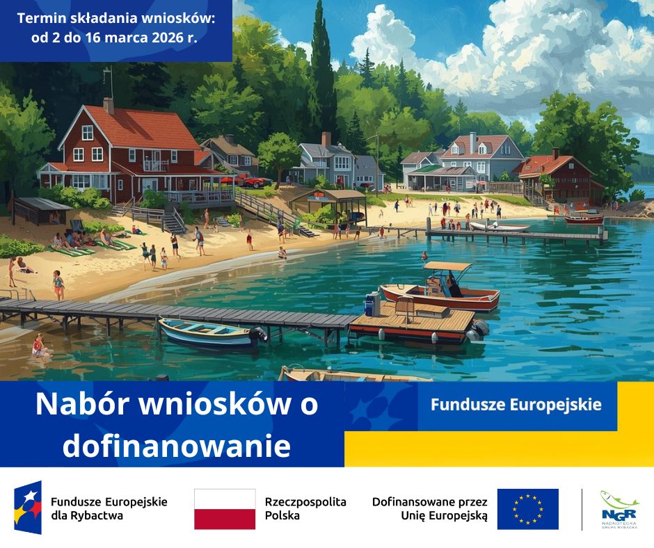 Ilustracja plaży z przystanią i domami nad jeziorem oraz informacją o naborze wniosków od 2 do 16 marca 2026 r.