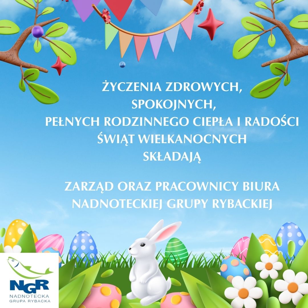Grafika z wielkanocnymi życzeniami, kolorowymi pisankami i białym króliczkiem.