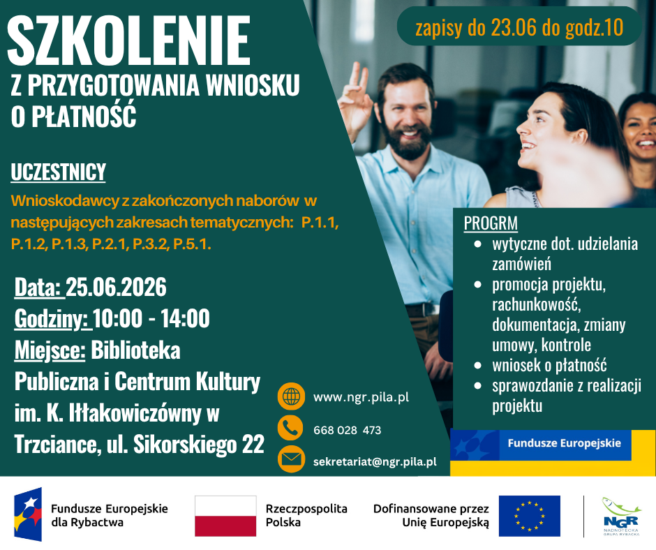 Plakat szkolenia o wniosku o płatność – data 25.06.2026, miejsce Trzcianka, program i dane kontaktowe NGR