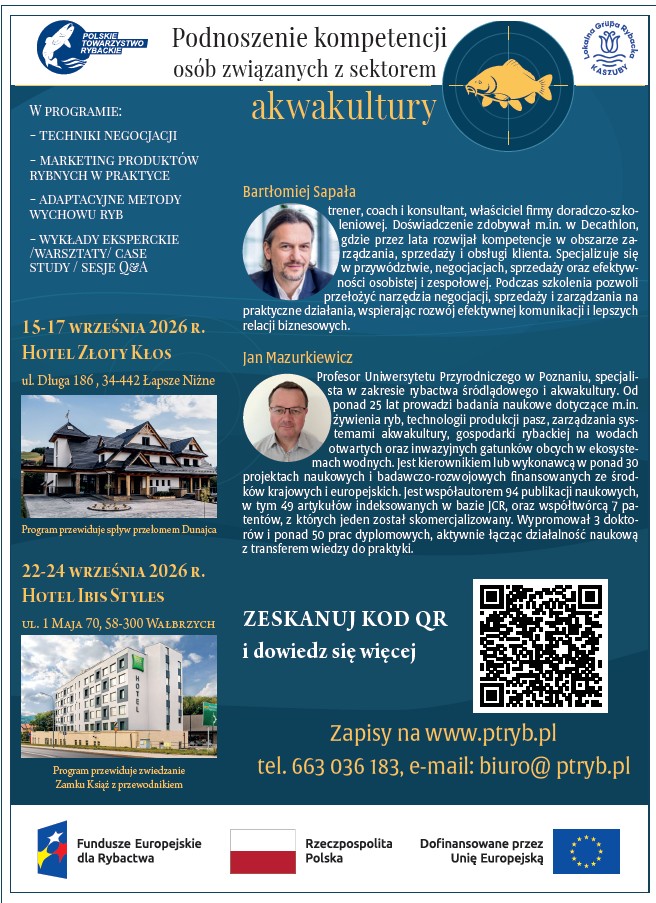 Plakat o szkoleniach z akwakultury z programem, terminami, prelegentami oraz kodem QR i danymi kontaktowymi