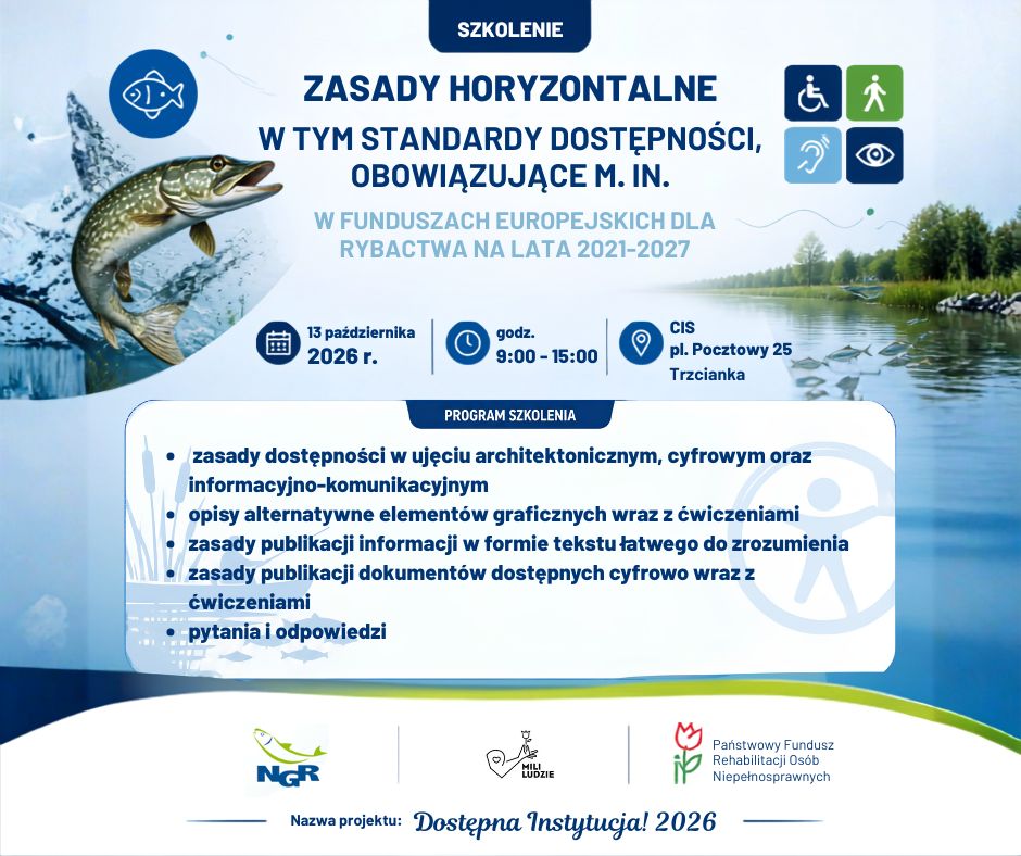 Plakat szkolenia o zasadach horyzontalnych i dostępności w Funduszach Europejskich dla Rybactwa na lata 2021–2027.