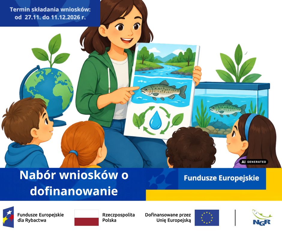 Grafika z dziećmi podczas zajęć o rybach i środowisku oraz informacją o naborze wniosków o dofinansowanie.