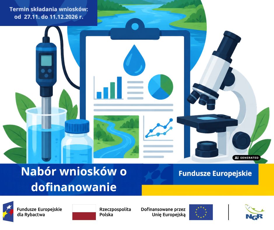 Grafika z mikroskopem, próbkami wody i wykresami promująca nabór wniosków o dofinansowanie.
